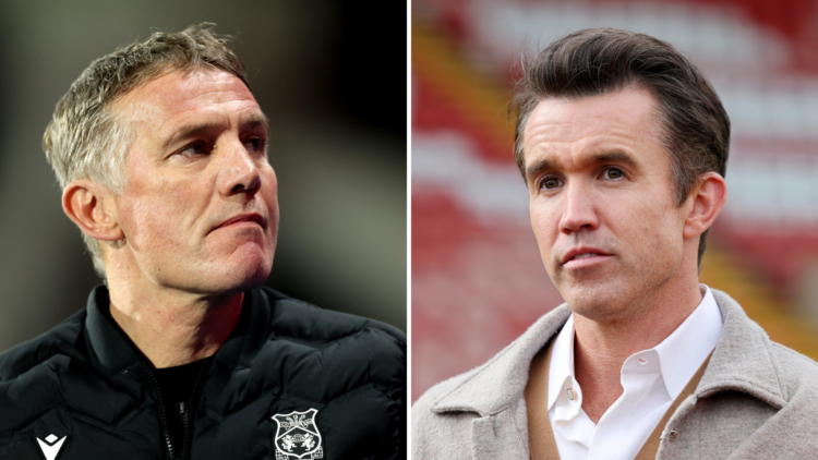 Split image, (L) Phil Parkinson, manager of Wrexham AFC, during the Sky Bet League One match between Huddersfield Town AFC and Wrexham. (R) Chairma...