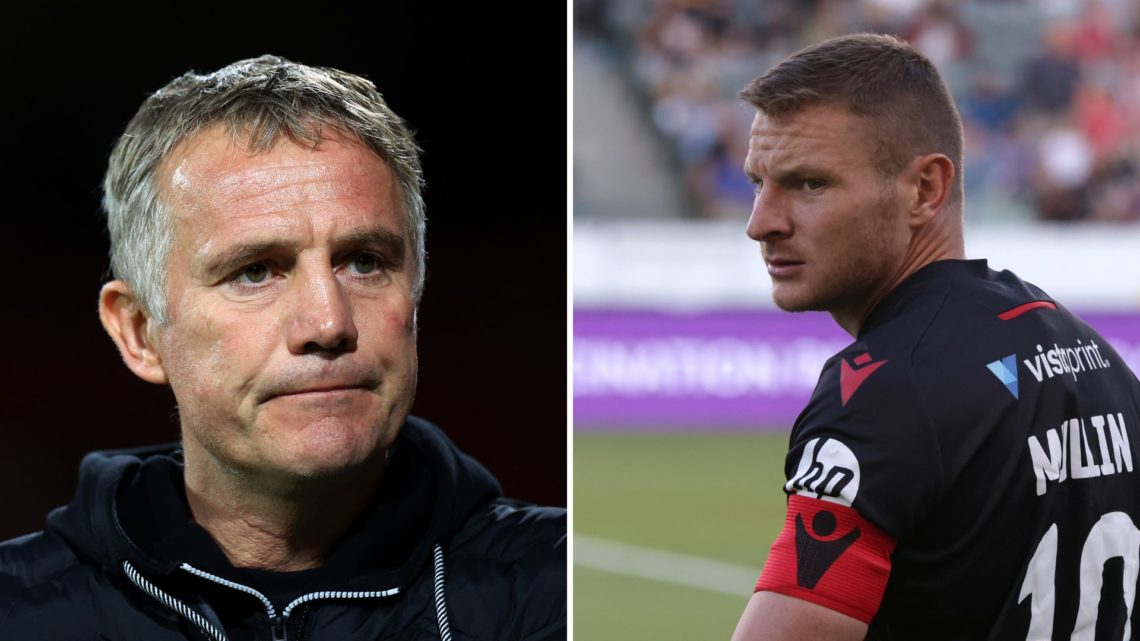 Split Image of: Phil Parkinson, Manager of Wrexham AFC, looks on prior to the Bristol Street Motors Trophy match between Wrexham and Wolverhampton ...