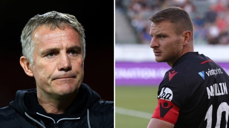Split Image of: Phil Parkinson, Manager of Wrexham AFC, looks on prior to the Bristol Street Motors Trophy match between Wrexham and Wolverhampton ...