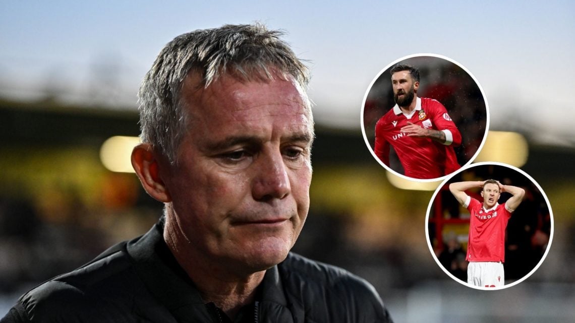Image of: Phil Parkinson (Manager Wrexham) looks on during the Sky Bet League 1 match between Cambridge United and Wrexham, Insets of: Paul Mullin ...