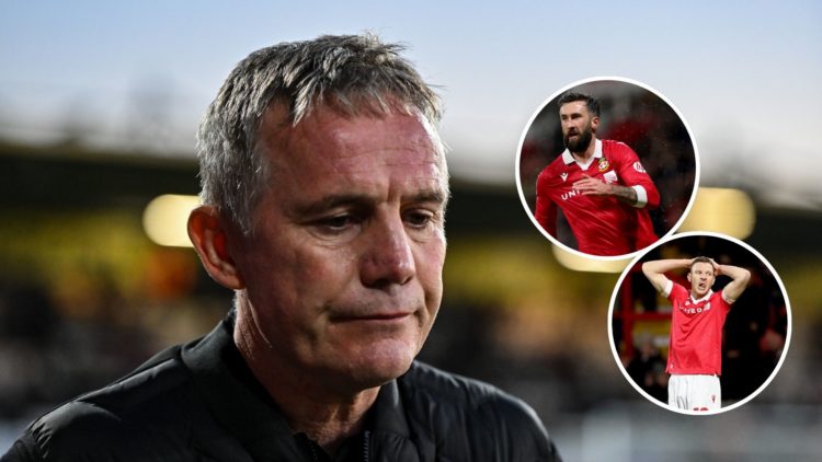 Image of: Phil Parkinson (Manager Wrexham) looks on during the Sky Bet League 1 match between Cambridge United and Wrexham, Insets of: Paul Mullin ...