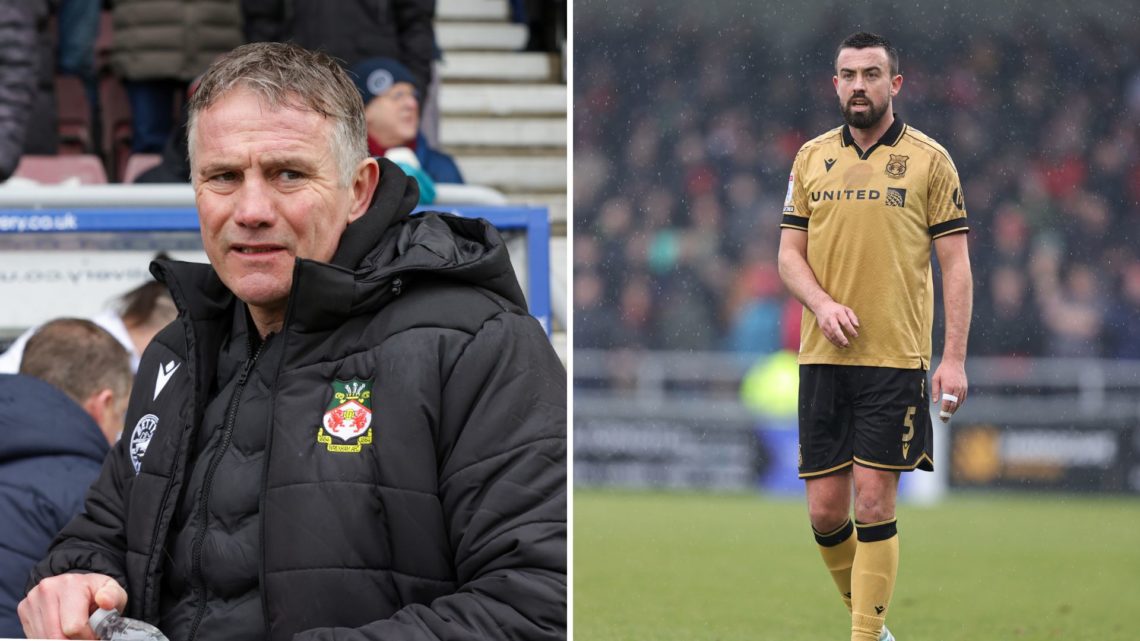 Split Image of: Wrexham's manager Phil Parkinson stands before the Sky Bet League 1 match between Northampton Town and Wrexham, Eoghan O'Connell of...