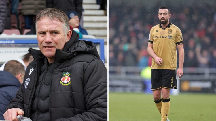 Split Image of: Wrexham's manager Phil Parkinson stands before the Sky Bet League 1 match between Northampton Town and Wrexham, Eoghan O'Connell of...