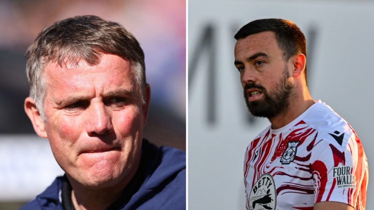 Split Image of: Phil Parkinson the head coach / manager of Wrexham during the Vanarama National League fixture between FC Halifax Town and Wrexham,...