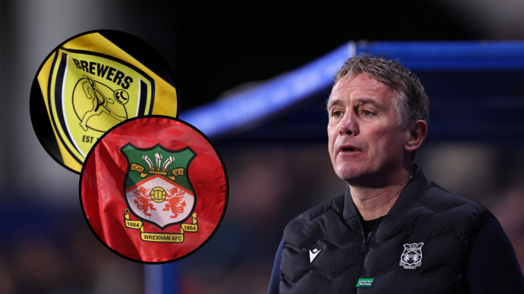Phil Parkinson manager / head coach of Wrexham during the Sky Bet League One match between Huddersfield Town AFC and Wrexham. Insets, Wrexham badge...