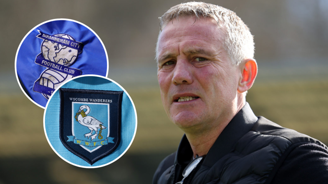Phil Parkinson, Manager of Wrexham looks on prior to the Sky Bet League One match between Wycombe Wanderers FC and Wrexham. Insets, Birmingham City...