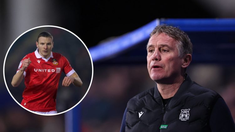 Small image of Wrexham striker Paul Mullin beside large image of manager Phil Parkinson.