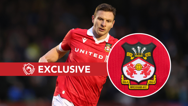 Composition image of Wrexham's Paul Mullin. Inset, Wrexham badge. Overlaid, exclusive branding.