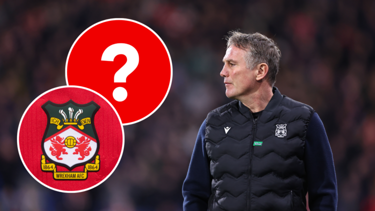 Wrexham manager Phil Parkinson. Inset, Wrexham badge and a question mark graphic.