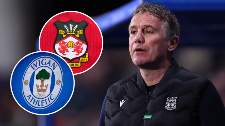 Wrexham manager Phil Parkinson. Inset, Wrexham badge and Wigan Athletic badge.