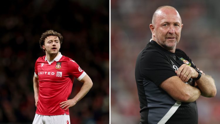 Split Image of: Ollie Rathbone of Wrexham FC during the Sky Bet League One match between Wrexham AFC and Stevenage FC, Steve Parkin the Assistant M...