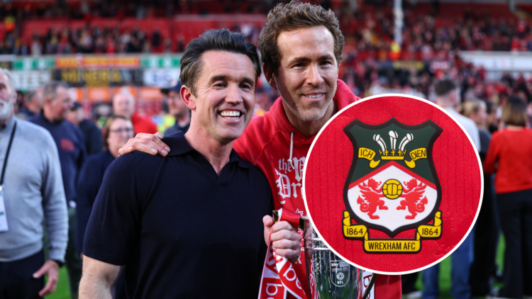 Wrexham co-owners Rob McElhenney and Ryan Reynolds. Inset, Wrexham badge.