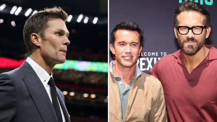 Split image, (L) Tom Brady walks onto the field prior to Super Bowl LIX between the Philadelphia Eagles and Kansas City Chiefs at Caesars Superdome...