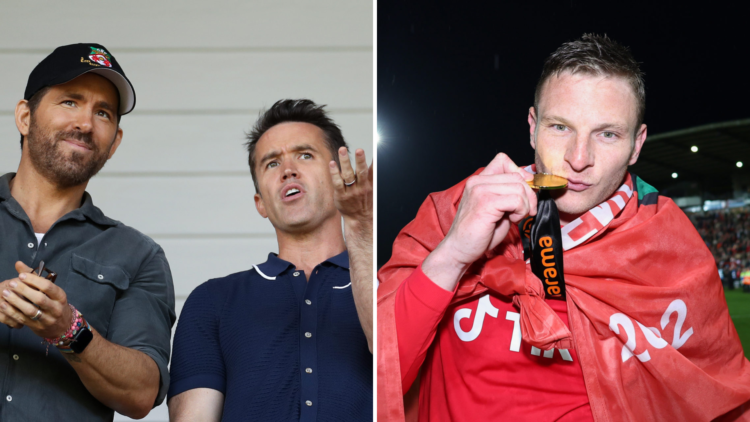 Split image, (L) Ryan Reynolds, Owner of Wrexham and Rob McElhenney, Actor and Co-Owner of Wrexham react prior to the Vanarama National League Play...