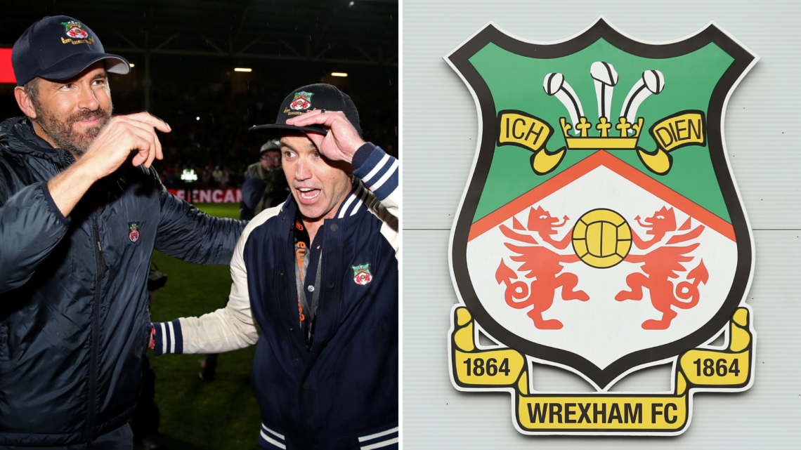 Split image, (L) Ryan Reynolds and Rob McElhenney, Owners of Wrexham embrace after Wrexham win the Vanarama National League and are promoted to the...