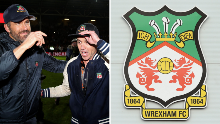 Split image, (L) Ryan Reynolds and Rob McElhenney, Owners of Wrexham embrace after Wrexham win the Vanarama National League and are promoted to the...