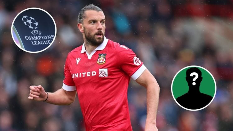 Image of: Jay Rodriguez of Wrexham during the Sky Bet League One match between Wrexham AFC and Bristol Rovers FC Inset of: The UEFA Champions Leagu...