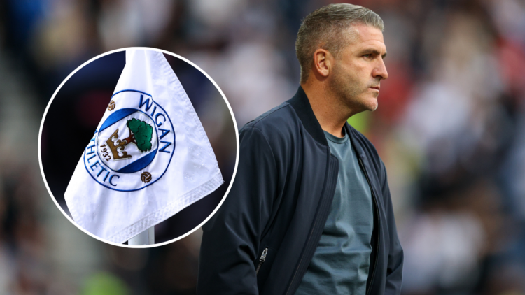 Wigan Athletic manager Ryan Lowe. Inset, Wigan Athletic corner flag.
