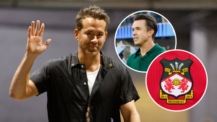 Wrexham owner Ryan Reynolds. Inset, Rob McElhenney and a Wrexham badge.