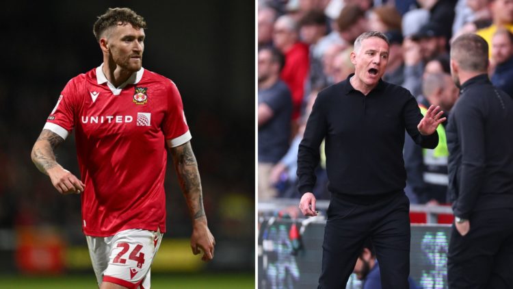Split Image of: Dan Scarr of Wrexham during the Sky Bet League One match between Wrexham AFC and Birmingham City, Phil Parkinson manager / head coa...