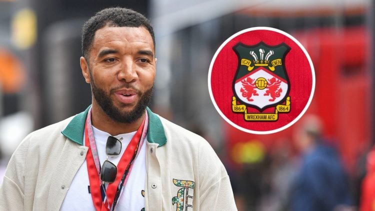 Troy Deeney of Great Britain during the F1 Grand Prix of Great Britain at Silverstone Circuit. Inset The official club badge of Wrexham AFC.