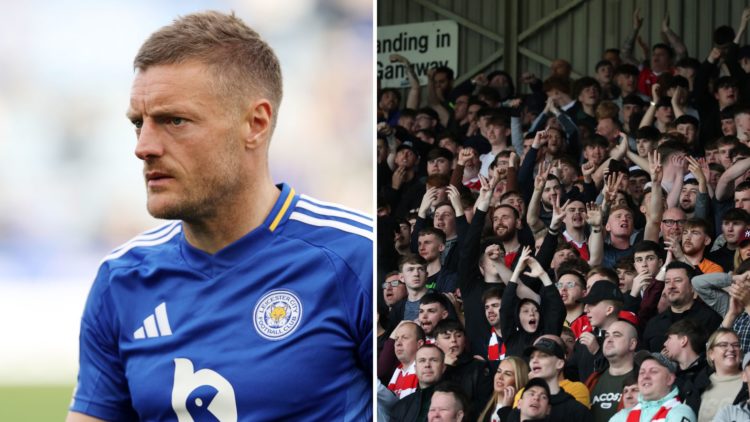 Split Image of: Jamie Vardy of Leicester City after the Premier League match between Leicester City and Liverpool, Fans of Wrexham celebrate during...