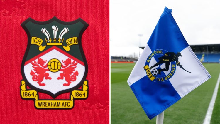 Split Image of: The official club badge of Wrexham AFC, A general view of a Bristol Rovers badge on a corner flag