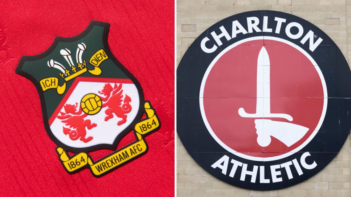 Split Image of: The official club badge of Wrexham AFC, General View of a Charlton Athletic Badge