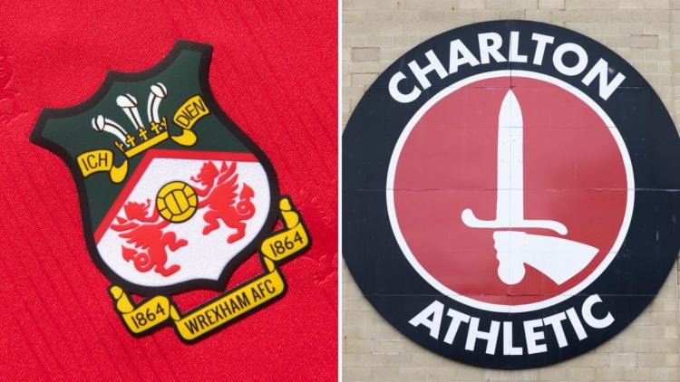Split Image of: The official club badge of Wrexham AFC, General View of a Charlton Athletic Badge