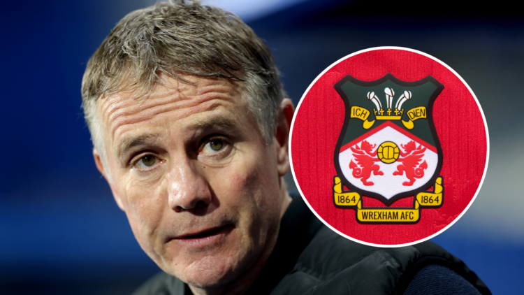 Wrexham manager Phil Parkinson. Inset, Wrexham badge.