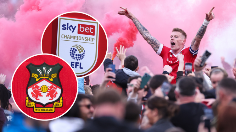 James McClean celebrates promotion with the Wrexham fans. Inset, Wrexham badge and EFL Championship logo.