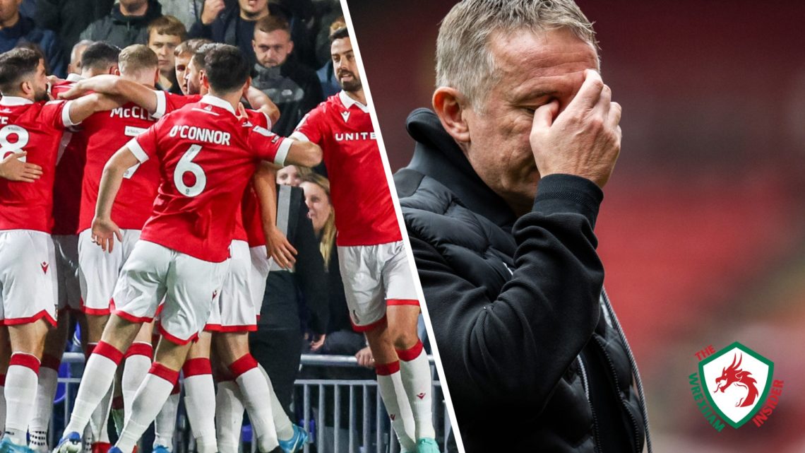Split image of the Wrexham players celebrating a goal and manager Phil Parkinson looking frustrated.