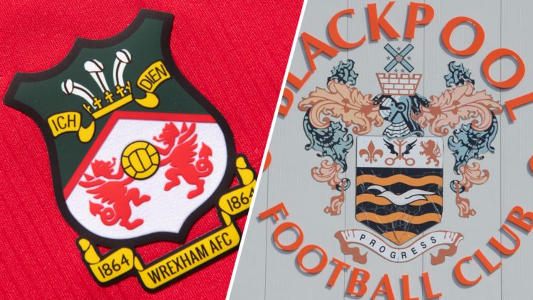 The official club badge of Wrexham AFC on a home shirt. A general view of the front of Bloomfield Road stadium, home to Blackpool.