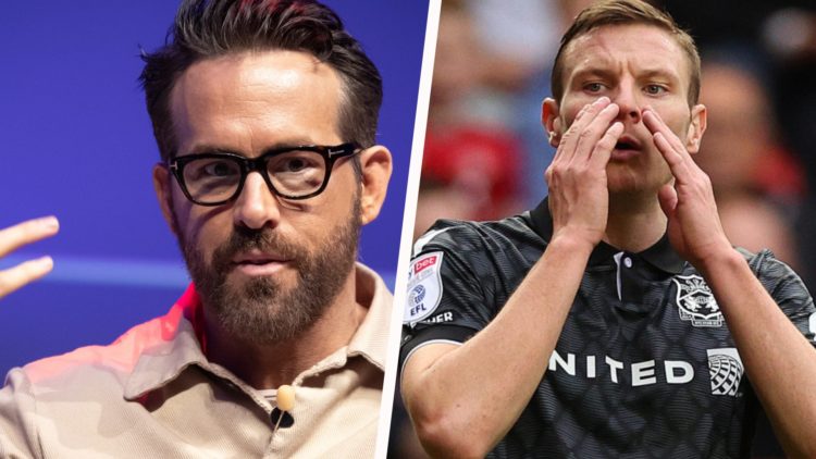 Ryan Reynolds speaks on stage during "Embrace Next Generation Storytelling". Paul Mullin of Wrexham reacts after shooting wide during the Sky Bet L...