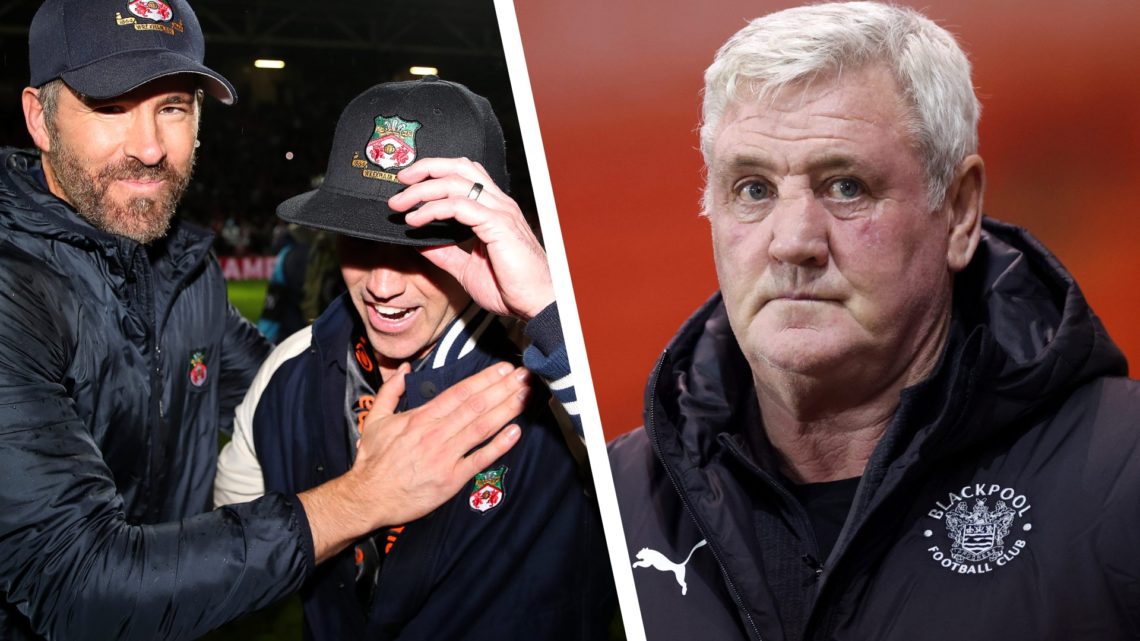 Split image of Wrexham owners Ryan Reynolds and Rob McElhenney and Blackpool manager Steve Bruce.