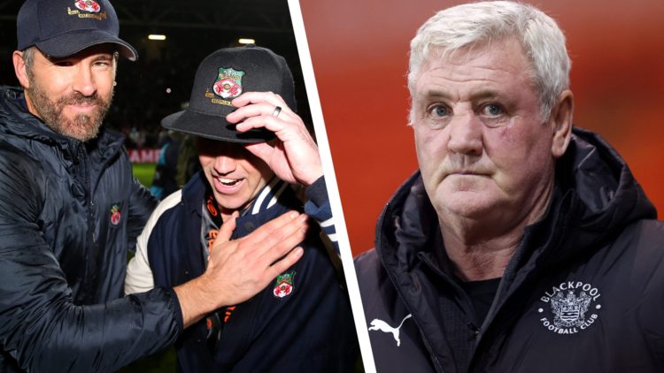 Split image of Wrexham owners Ryan Reynolds and Rob McElhenney and Blackpool manager Steve Bruce.