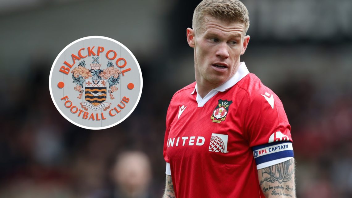 Composition image of Wrexham's James McClean with Blackpool badge inset.