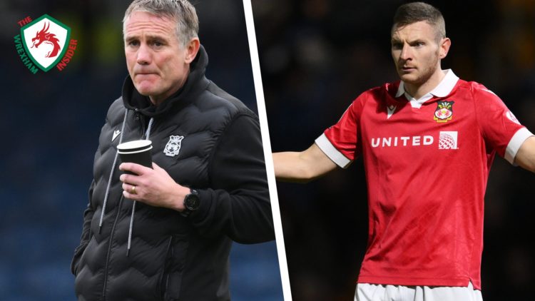 Split image of Wrexham manager Phil Parkinson and striker Paul Mullin with his arms raised.
