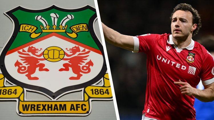 Split image of the Wrexham AFC badge and midfielder Ollie Rathbone celebrating a goal.