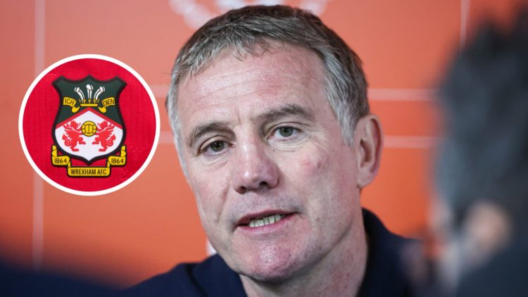 Wrexham manager Phil Parkinson. Inset, Wrexham badge.
