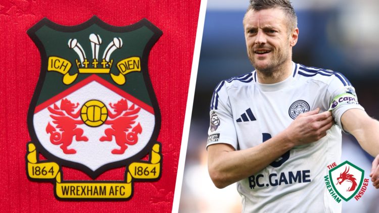 Split image of the official Wrexham AFC badge and Leicester City striker Jamie Vardy.
