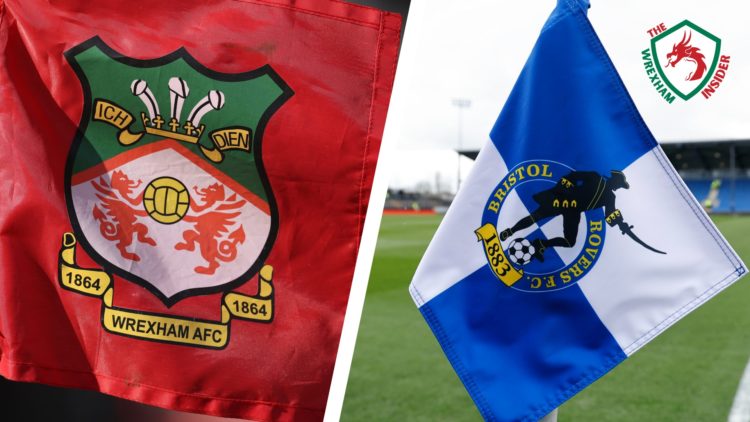 Split image of a corner flag showing Wrexham AFC's club badge and a corner flag showing Bristol Rovers' club badge.