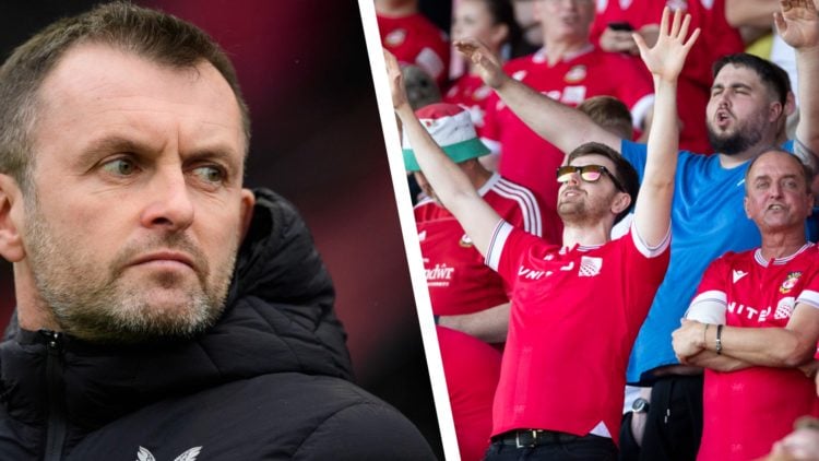 Split image of Charlton Athletic manager Nathan Jones and a portion of Wrexham fans singing against Doncaster Rovers.
