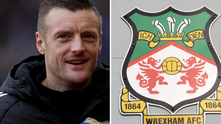 Jamie Vardy of Leicester City warms up before the Sky Bet Championship match between Stoke City and Leicester City. The club badge of Wrexham is se...