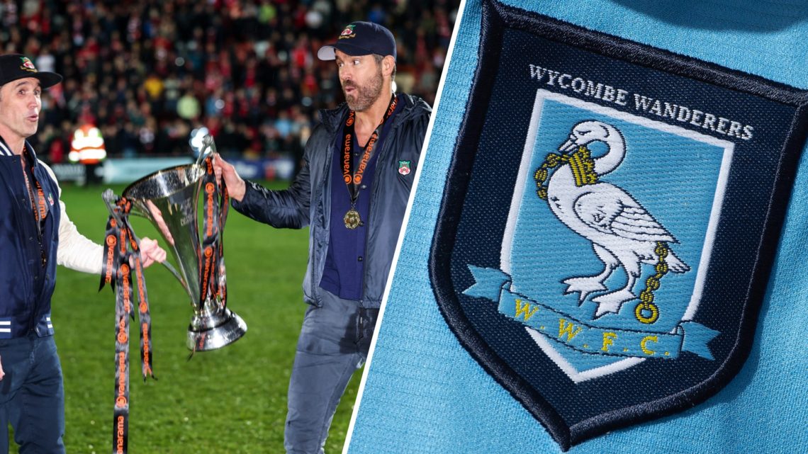 Ryan Reynolds co-owner of Wrexham and Rob McElhenney co-owner of Wrexham with the Vanarama National League Trophy as Wrexham celebrate promotion. A...