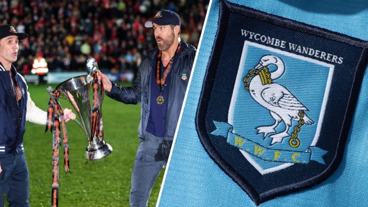 Ryan Reynolds co-owner of Wrexham and Rob McElhenney co-owner of Wrexham with the Vanarama National League Trophy as Wrexham celebrate promotion. A...