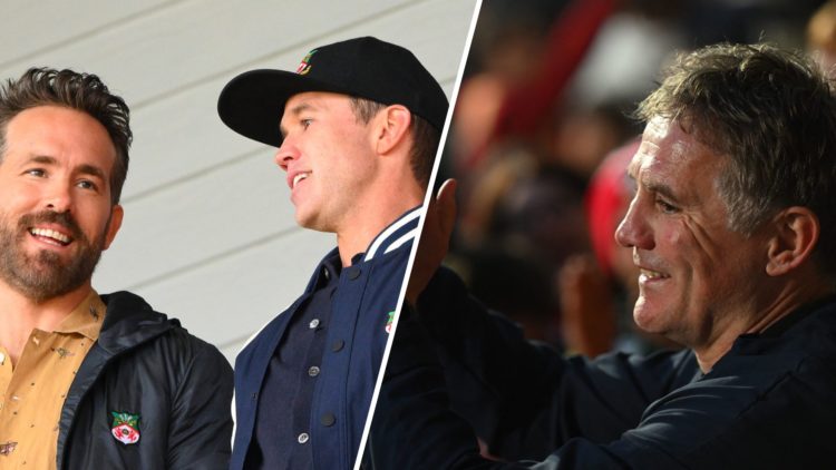Wrexham owners Ryan Reynolds and Rob McElhenney look on at the Racecourse Ground. Manager Phil Parkinson celebrates.