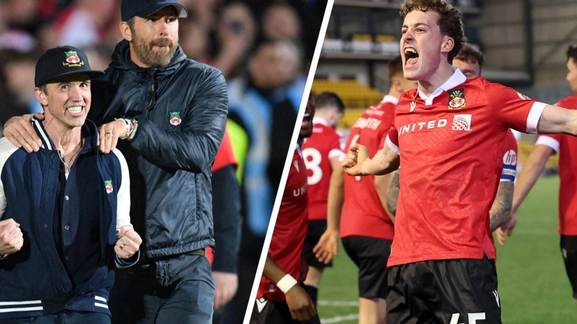 Rob McElhenney (L) and US actor and Wrexham owner Ryan Reynolds (R) celebrate on the pitch after the English National League football match between...