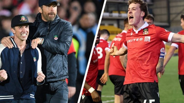 Rob McElhenney (L) and US actor and Wrexham owner Ryan Reynolds (R) celebrate on the pitch after the English National League football match between...