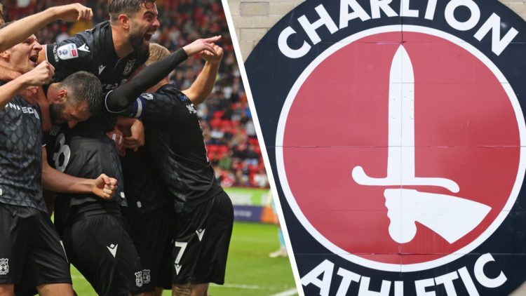 Andy Cannon of Wrexham celebrates with teammates after scoring his side's second goal during the Sky Bet League One match between Charlton Athletic...